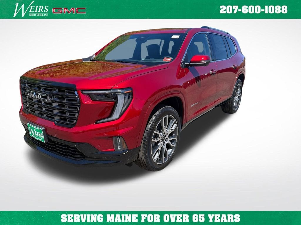 2026 GMC Acadia Denali Ultimate in Volcanic Red Tintcoat — front three-quarter view